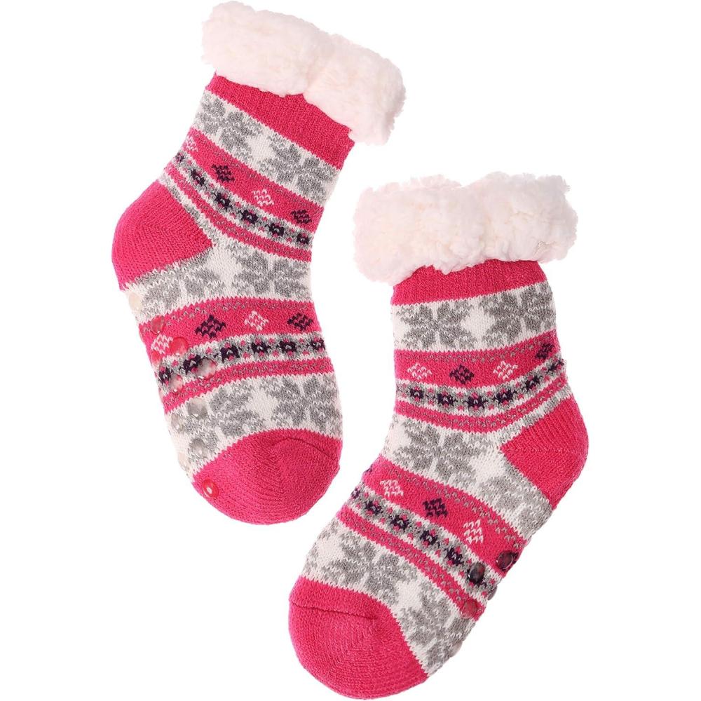 imageMOGGEI Girls Slipper Fuzzy Socks Kids Boys Fluffy Fleece Lined Warm Plush Sherpa Winter Child Home SocksRose Red