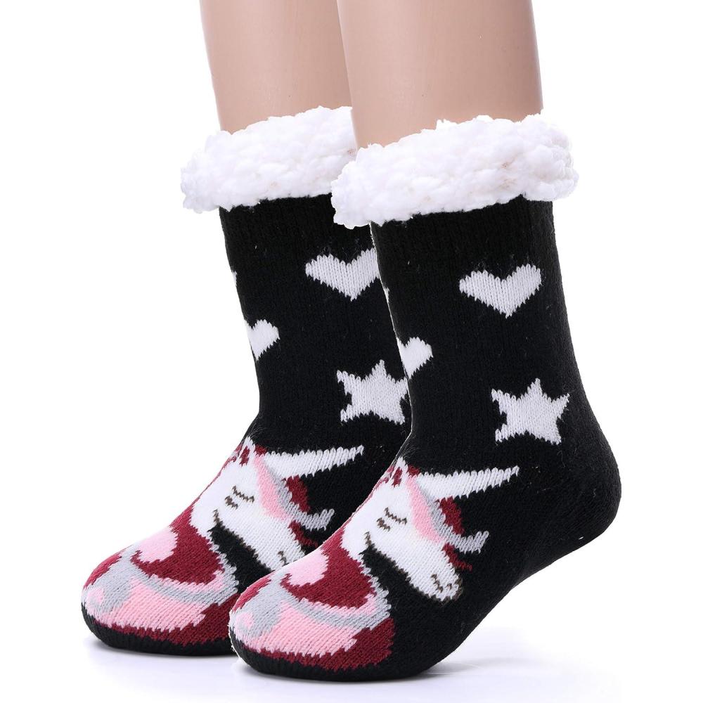 imageMOGGEI Girls Slipper Fuzzy Socks Kids Boys Fluffy Fleece Lined Warm Plush Sherpa Winter Child Home SocksUnicorn Bblack