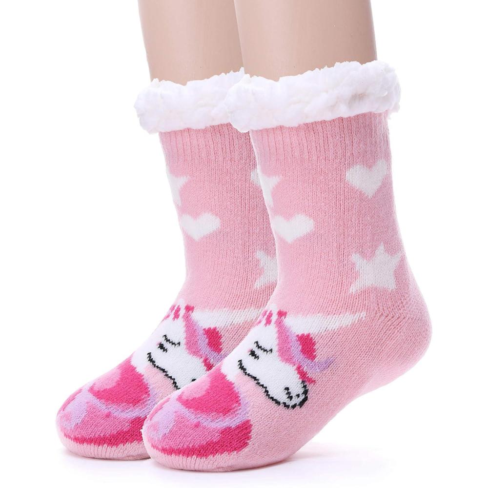 imageMOGGEI Girls Slipper Fuzzy Socks Kids Boys Fluffy Fleece Lined Warm Plush Sherpa Winter Child Home SocksUnicorn Bpink