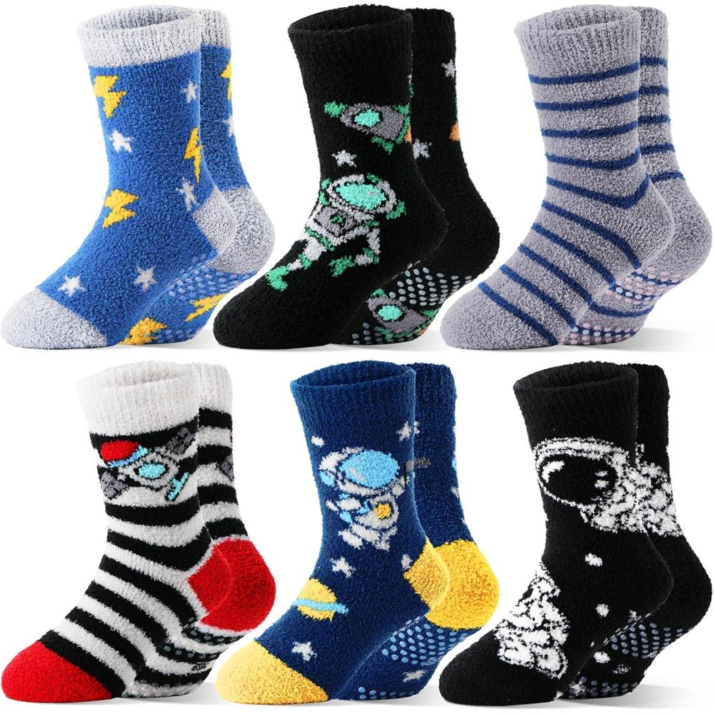 imageMOGGEI Kids Boys Toddlers Fuzzy Slipper Grips Socks Non Slip Warm Winter Fluffy Cozy Thick Fun Crew Gripper Socks 6 PairsSpace