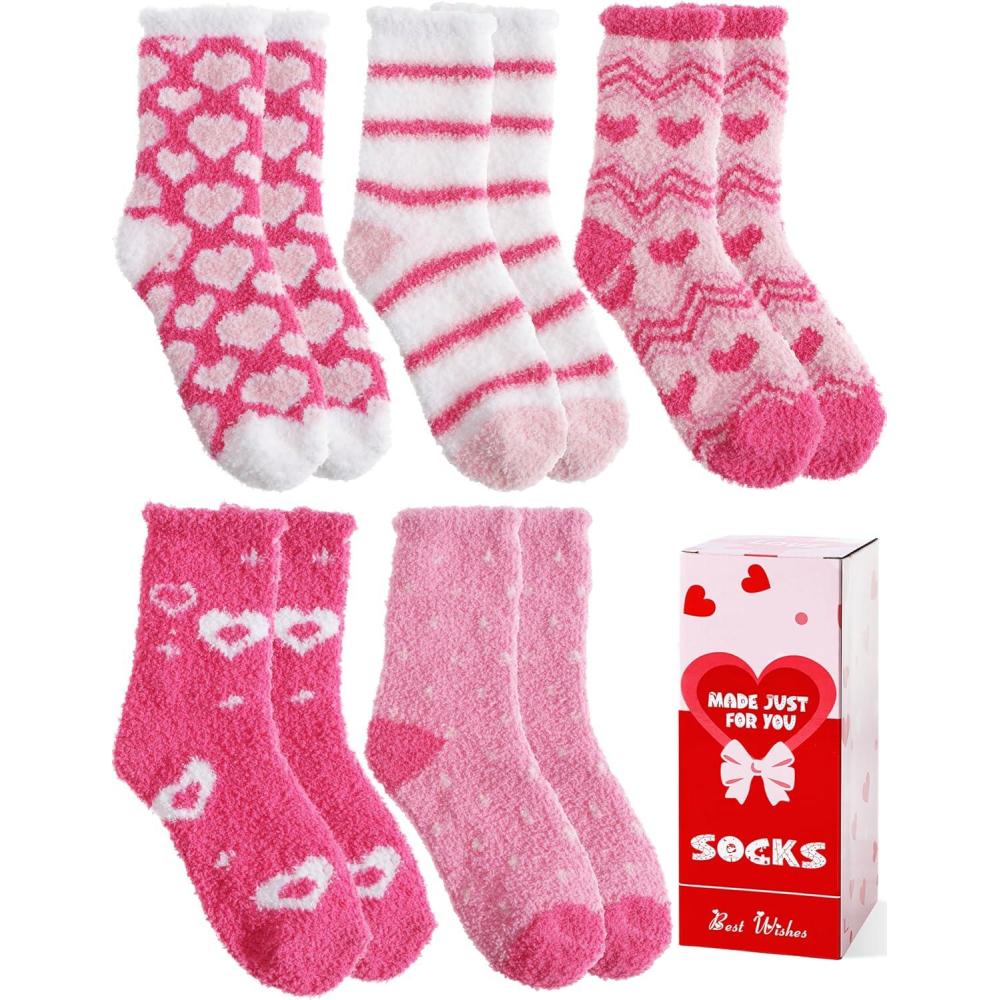 imageMOGGEI Women Fuzzy Fluffy Socks Thick Warm Winter Soft Cozy Plush Fleece Sleep Socks 5 PairsPink Heart