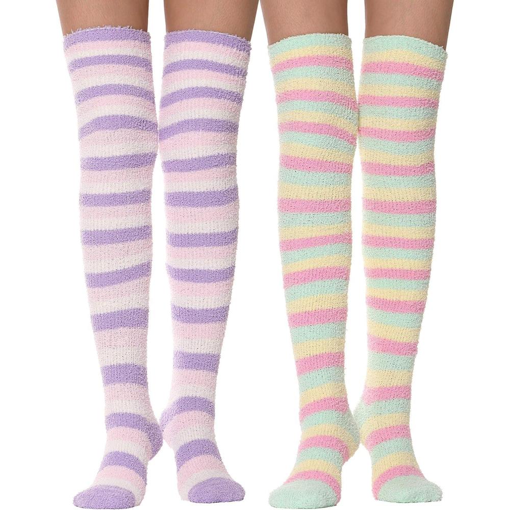 imageMOGGEI Womens Thigh High Fuzzy Socks Warm Winter Over Knee High Long Striped Fluffy Cozy Fleece Socks 2 PairsPurple  Yellow Striped