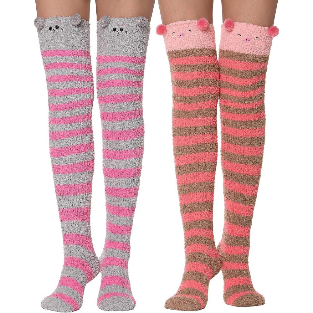 imageMOGGEI Womens Thigh High Fuzzy Socks Warm Winter Over Knee High Long Striped Fluffy Cozy Fleece Socks 2 PairsStriped  Animal