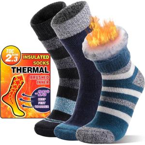 3 Pairs Thermal Warm Socks for Men & Women Thick Winter Extra Warm Insulated Boot Ski Socks for Cold Weather(Blue Stripes)