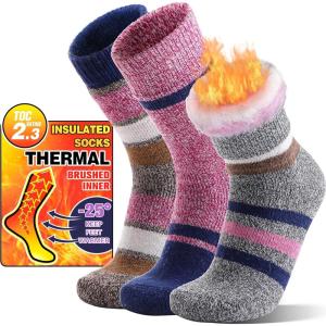 3 Pairs Thermal Warm Socks for Men & Women Thick Winter Extra Warm Insulated Boot Ski Socks for Cold Weather(Pink Grey Stripes)