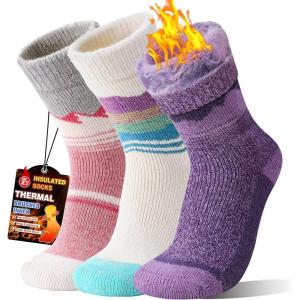 3 Pairs Thermal Warm Socks for Men & Women Thick Winter Extra Warm Insulated Boot Ski Socks for Cold Weather(Pink/White/Purple)