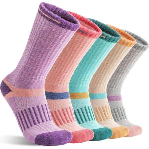 5 Pairs Merino Wool Hiking Socks Warm Thermal Winter Cozy Cushioned Moisture Wicking Socks for Women & Men(Beige/Purple/Pink/Grey/Green)