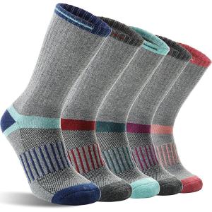 5 Pairs Merino Wool Hiking Socks Warm Thermal Winter Cozy Cushioned Moisture Wicking Socks for Women & Men(Light Stripes B)