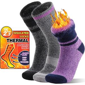 MOGGEI 3 Pairs Thermal Winter Socks for Women & Men Thick Extra Warm Insulated Ski Boot Socks for Cold Weather(Purple Grey)