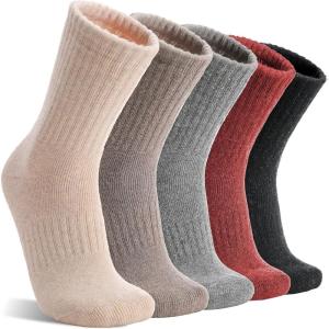 MOGGEI 5 Pairs Womens Merino Wool Socks Hiking Warm Winter Thick Thermal Crew Cozy Cabin Ladies Gift Comfy Boot Work Socks(Black/Grey/Light Coffee/Caramel/Beige)