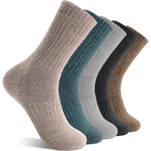 MOGGEI 5 Pairs Womens Merino Wool Socks Hiking Warm Winter Thick Thermal Crew Cozy Cabin Ladies Gift Comfy Boot Work Socks(Grey/Khaki Series/Green/Grey)