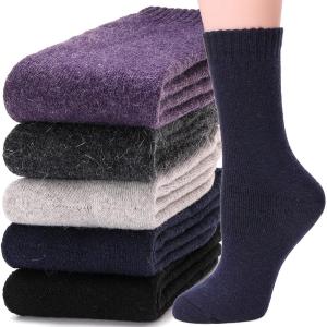 MOGGEI 5 Pairs Womens Merino Wool Socks Hiking Warm Winter Thick Thermal Crew Cozy Cabin Ladies Gift Comfy Boot Work Socks(Solid Color B)