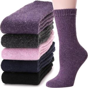 MOGGEI 5 Pairs Womens Merino Wool Socks Hiking Warm Winter Thick Thermal Crew Cozy Cabin Ladies Gift Comfy Boot Work Socks(Warm Color C)