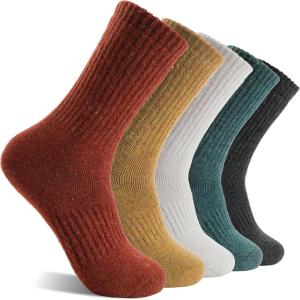 MOGGEI 5 Pairs Womens Merino Wool Socks Hiking Warm Winter Thick Thermal Crew Cozy Cabin Ladies Gift Comfy Boot Work Socks(White/Yellow/Green/Dark Grey/Caramel)