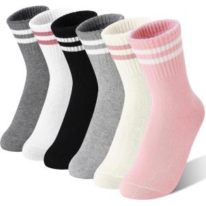 MOGGEI 6 Pairs Girls Kids Socks Athletic Sport Basketball Cotton Soft Crew Breathable Socks for Outdoor(Stripes)