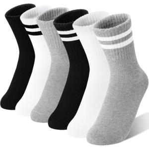 MOGGEI 6 Pairs Girls Kids Socks Athletic Sport Basketball Cotton Soft Crew Breathable Socks for Outdoor(White Black)