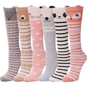 MOGGEI 6 Pairs Kids Girls Knee High Socks Gift Long Crazy Silly Tall Funny Boot Cute Animal Child Fun Socks(Animal D)