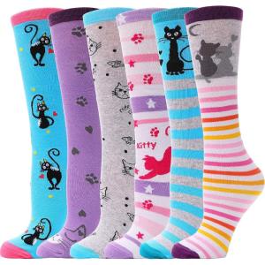 MOGGEI 6 Pairs Kids Girls Knee High Socks Gift Long Crazy Silly Tall Funny Boot Cute Animal Child Fun Socks(Cat)
