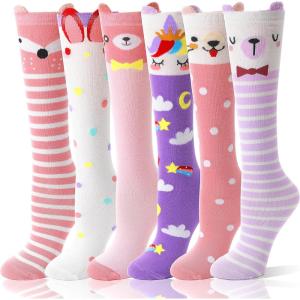 MOGGEI 6 Pairs Kids Girls Knee High Socks Gift Long Crazy Silly Tall Funny Boot Cute Animal Child Fun Socks(Purple Pink)