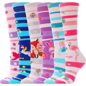 MOGGEI 6 Pairs Kids Girls Knee High Socks Gift Long Crazy Silly Tall Funny Boot Cute Animal Child Fun Socks(Stripe)