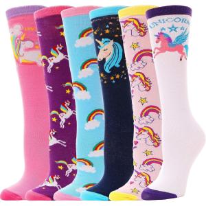 MOGGEI 6 Pairs Kids Girls Knee High Socks Gift Long Crazy Silly Tall Funny Boot Cute Animal Child Fun Socks(Unicorn B)