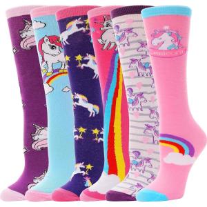 MOGGEI 6 Pairs Kids Girls Knee High Socks Gift Long Crazy Silly Tall Funny Boot Cute Animal Child Fun Socks(Unicorn a)