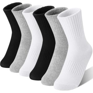 MOGGEI Boys Kids Girls Athletic Socks Basketball Sport Youth Crew Cotton Breathable Outdoor Socks 6 Pairs(Black/Grey/White)