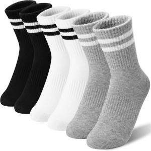 MOGGEI Boys Kids Girls Athletic Socks Basketball Sport Youth Crew Cotton Breathable Outdoor Socks 6 Pairs(Black/White/Grey)