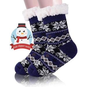 MOGGEI Girls Slipper Fuzzy Socks Kids Boys Fluffy Fleece Lined Warm Plush Sherpa Winter Child Home Socks(Dark Blue a)