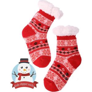 MOGGEI Girls Slipper Fuzzy Socks Kids Boys Fluffy Fleece Lined Warm Plush Sherpa Winter Child Home Socks(Red)