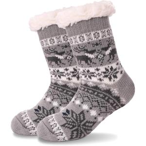 MOGGEI Girls Slipper Fuzzy Socks Kids Boys Fluffy Fleece Lined Warm Plush Sherpa Winter Child Home Socks(Two Deer-grey)