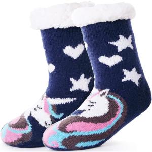MOGGEI Girls Slipper Fuzzy Socks Kids Boys Fluffy Fleece Lined Warm Plush Sherpa Winter Child Home Socks(Unicorn B-dark Blue)