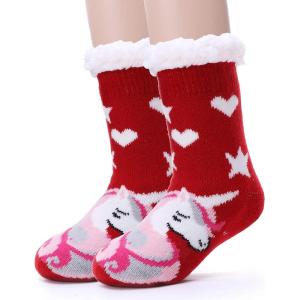 MOGGEI Girls Slipper Fuzzy Socks Kids Boys Fluffy Fleece Lined Warm Plush Sherpa Winter Child Home Socks(Unicorn B-red)