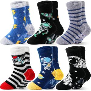 MOGGEI Kids Boys Toddlers Fuzzy Slipper Grips Socks Non Slip Warm Winter Fluffy Cozy Thick Fun Crew Gripper Socks 6 Pairs(Space)