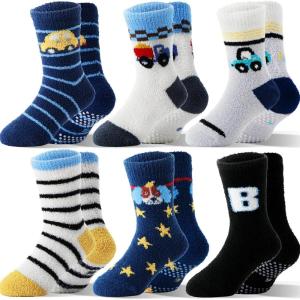 MOGGEI Kids Boys Toddlers Fuzzy Slipper Grips Socks Non Slip Warm Winter Fluffy Cozy Thick Fun Crew Gripper Socks 6 Pairs(Truck)