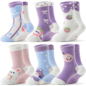 MOGGEI Kids Girls Toddlers Fuzzy Slipper Grips Socks Non Slip Warm Winter Fluffy Cozy Thick Fun Crew Gripper Socks 6 Pairs(Purple Animal)