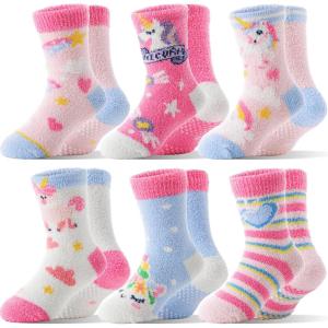 MOGGEI Kids Girls Toddlers Fuzzy Slipper Grips Socks Non Slip Warm Winter Fluffy Cozy Thick Fun Crew Gripper Socks 6 Pairs(Unicorn)