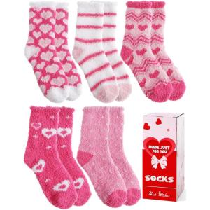 MOGGEI Women Fuzzy Fluffy Socks Thick Warm Winter Soft Cozy Plush Fleece Sleep Socks 5 Pairs(Pink Heart)