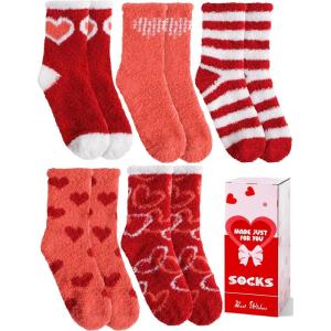 MOGGEI Women Fuzzy Fluffy Socks Thick Warm Winter Soft Cozy Plush Fleece Sleep Socks 5 Pairs(Red Heart)