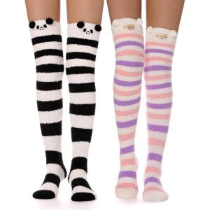MOGGEI Womens Thigh High Fuzzy Socks Warm Winter Over Knee High Long Striped Fluffy Cozy Fleece Socks 2 Pairs(Black & Purple Striped)