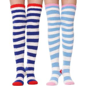 MOGGEI Womens Thigh High Fuzzy Socks Warm Winter Over Knee High Long Striped Fluffy Cozy Fleece Socks 2 Pairs(Blue & White Striped)