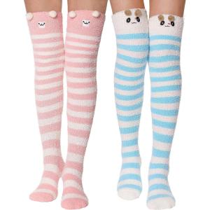 MOGGEI Womens Thigh High Fuzzy Socks Warm Winter Over Knee High Long Striped Fluffy Cozy Fleece Socks 2 Pairs(Blue&pink Striped)