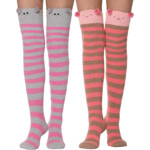 MOGGEI Womens Thigh High Fuzzy Socks Warm Winter Over Knee High Long Striped Fluffy Cozy Fleece Socks 2 Pairs(Striped & Animal)