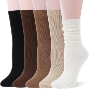 Thin Merino Wool Boot Socks Warm Winter Cozy Comfy Breathable Work Casual Socks for Women 5 Pairs(Khaki/Beige/Black)