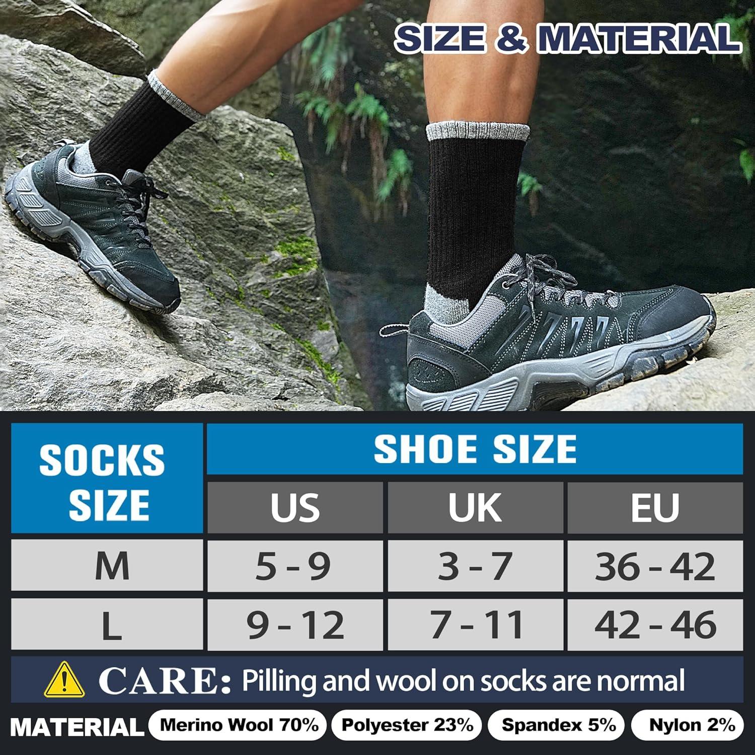 image5 Pairs Merino Wool Hiking Socks Thermal Warm Winter Cozy Moisture Wicking Cushioned Socks for MenBlack