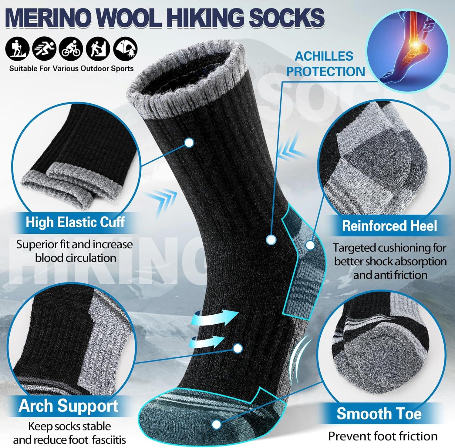 image5 Pairs Merino Wool Hiking Socks Thermal Warm Winter Cozy Moisture Wicking Cushioned Socks for MenBlack