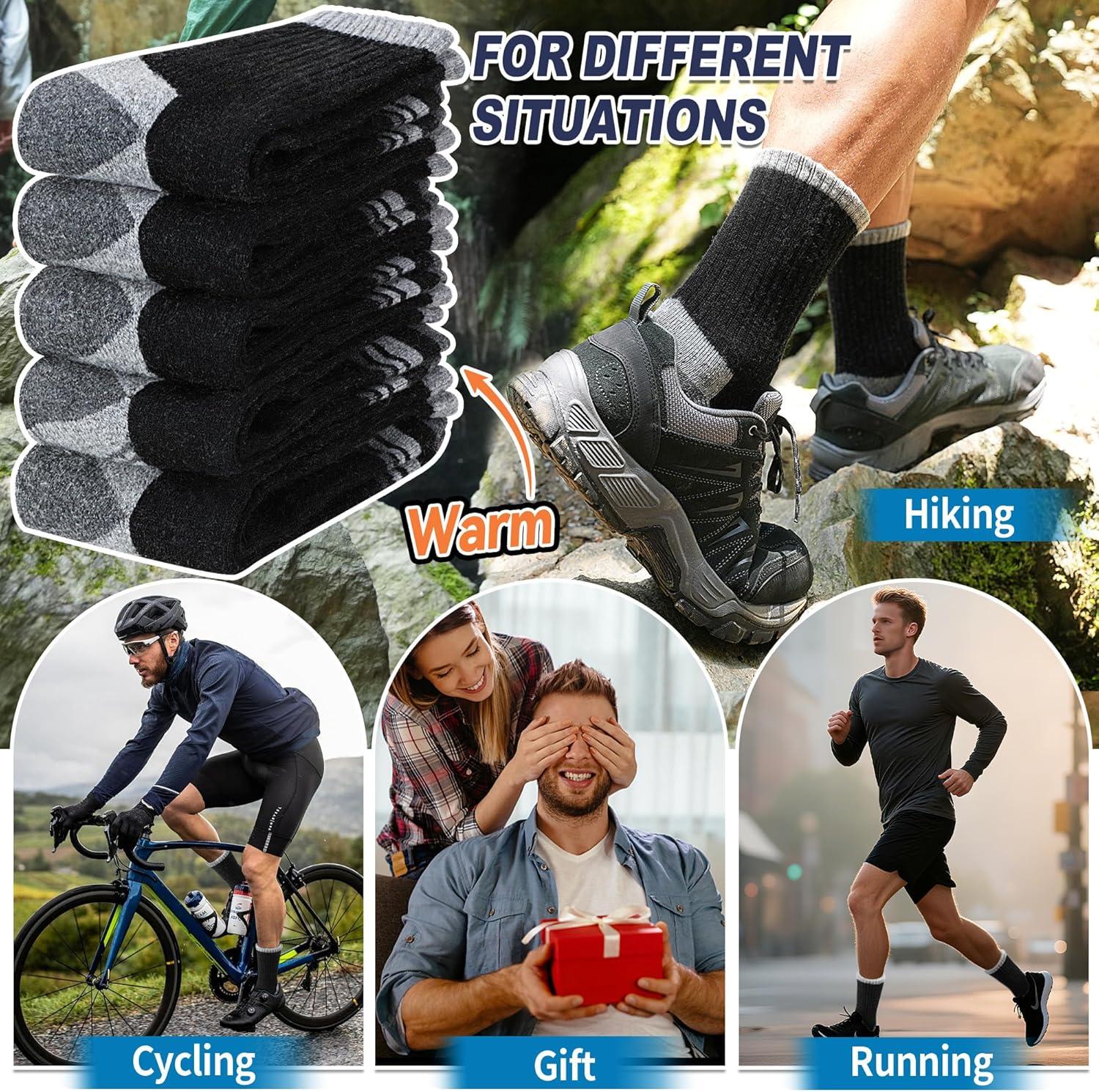 image5 Pairs Merino Wool Hiking Socks Thermal Warm Winter Cozy Moisture Wicking Cushioned Socks for MenBlack