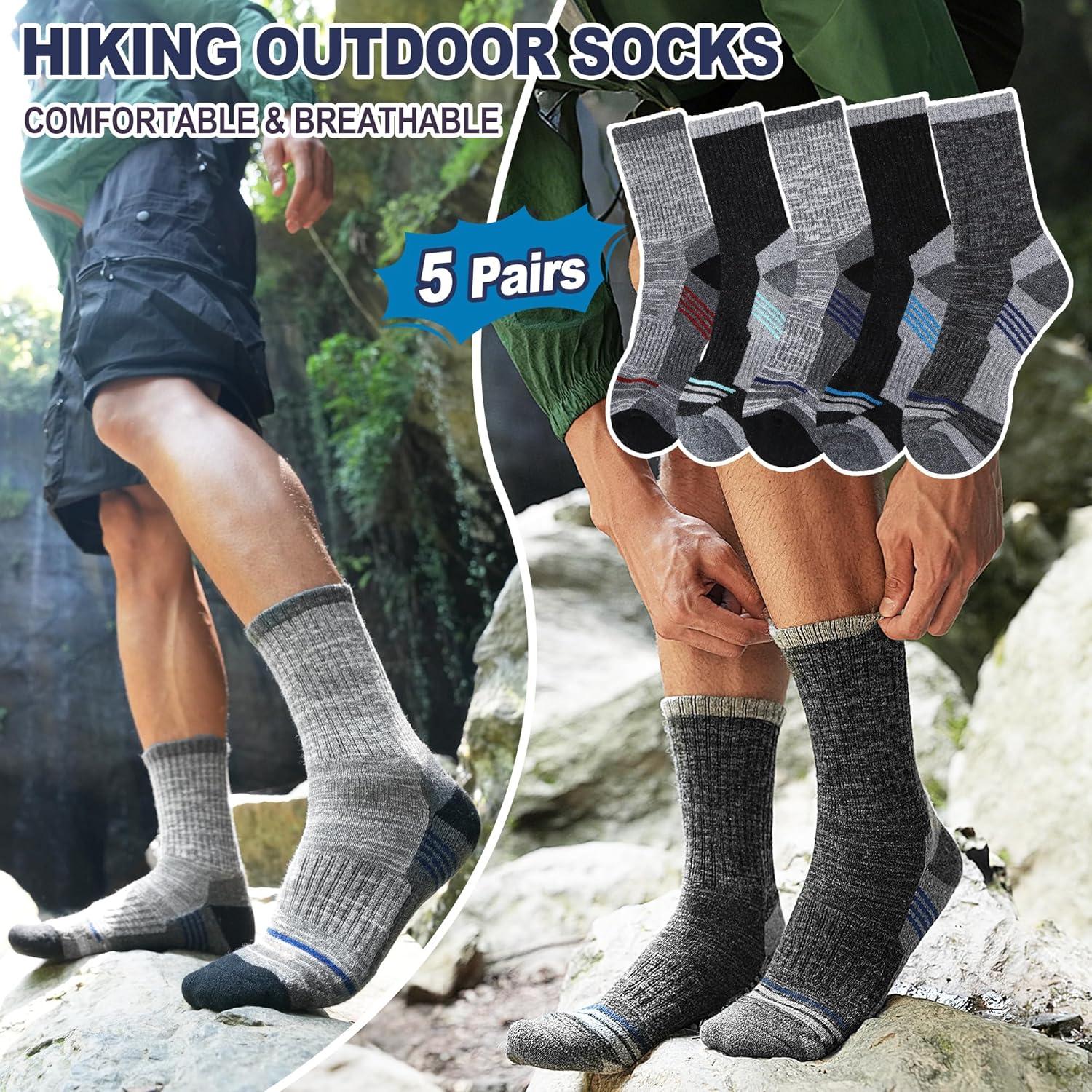 image5 Pairs Merino Wool Hiking Socks Thermal Warm Winter Cozy Moisture Wicking Cushioned Socks for MenGreyBlack