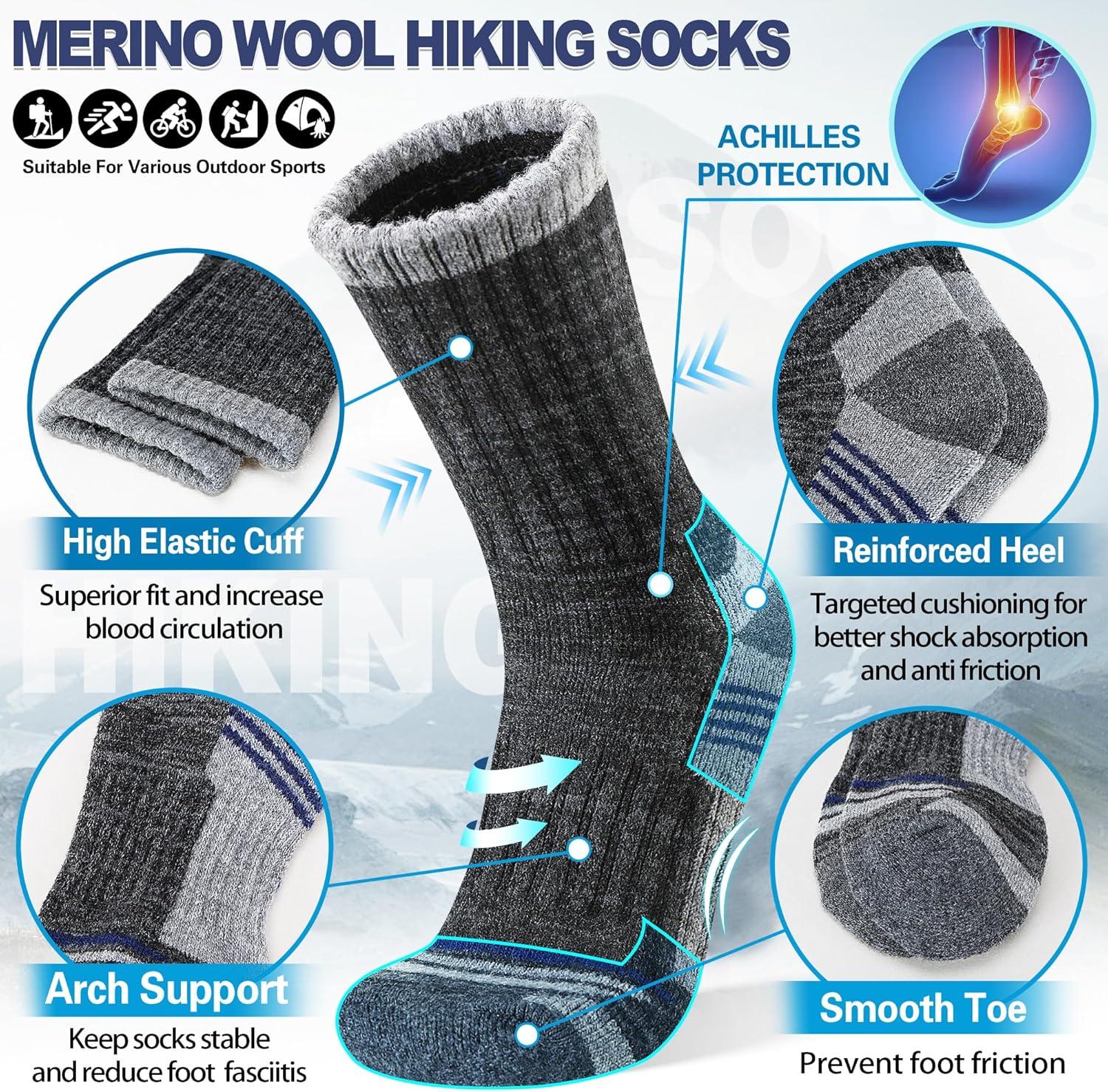 image5 Pairs Merino Wool Hiking Socks Thermal Warm Winter Cozy Moisture Wicking Cushioned Socks for MenGreyBlack