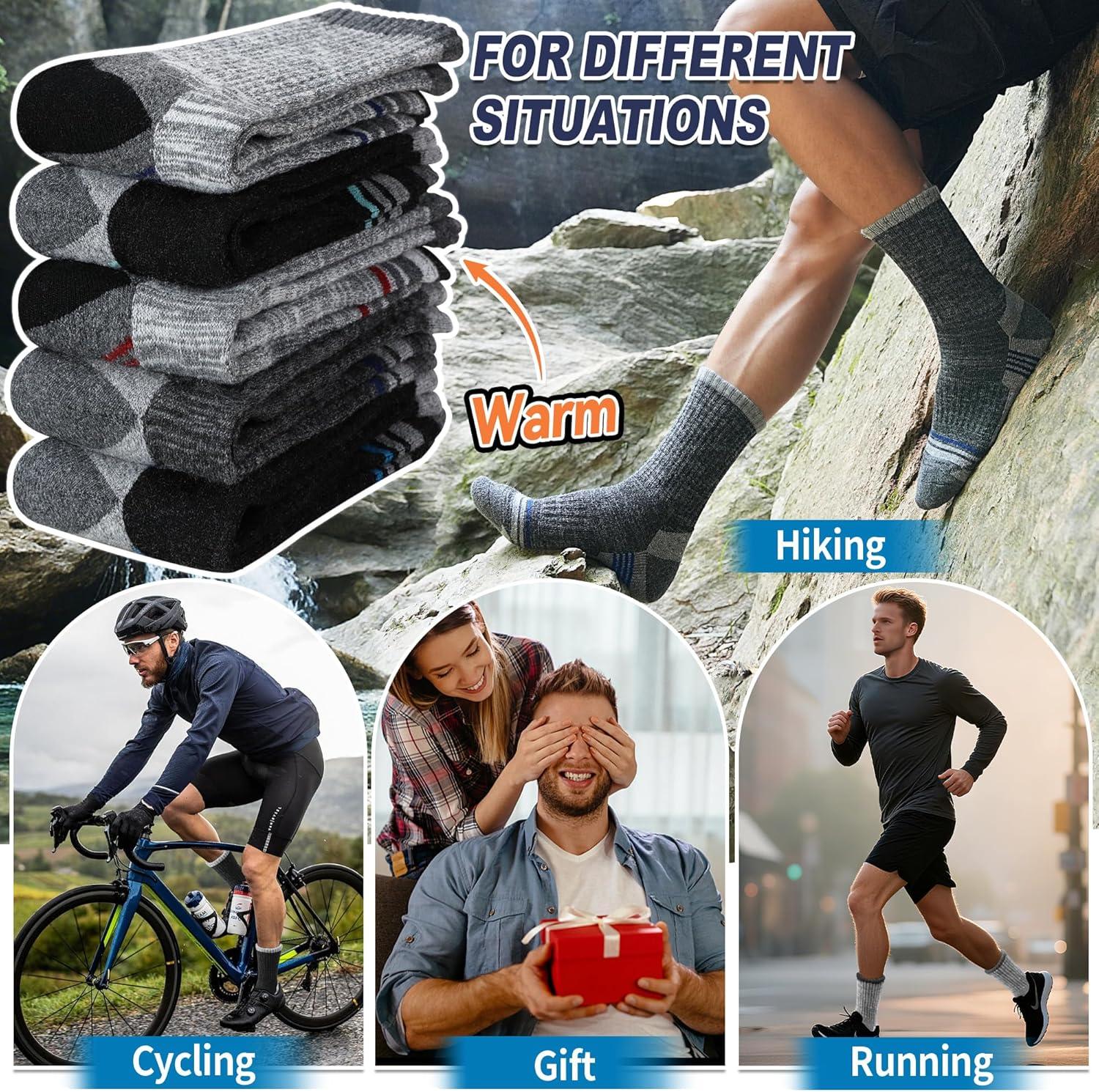 image5 Pairs Merino Wool Hiking Socks Thermal Warm Winter Cozy Moisture Wicking Cushioned Socks for MenGreyBlack